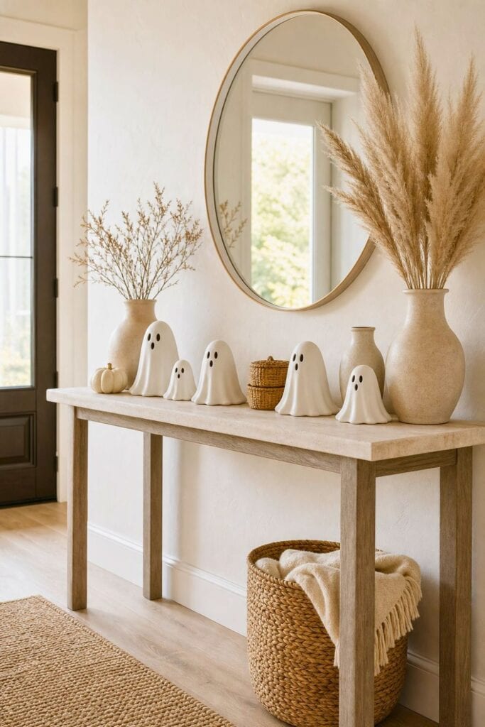 An entry table decorated with small white ghost figurines and neutral seasonal accents.