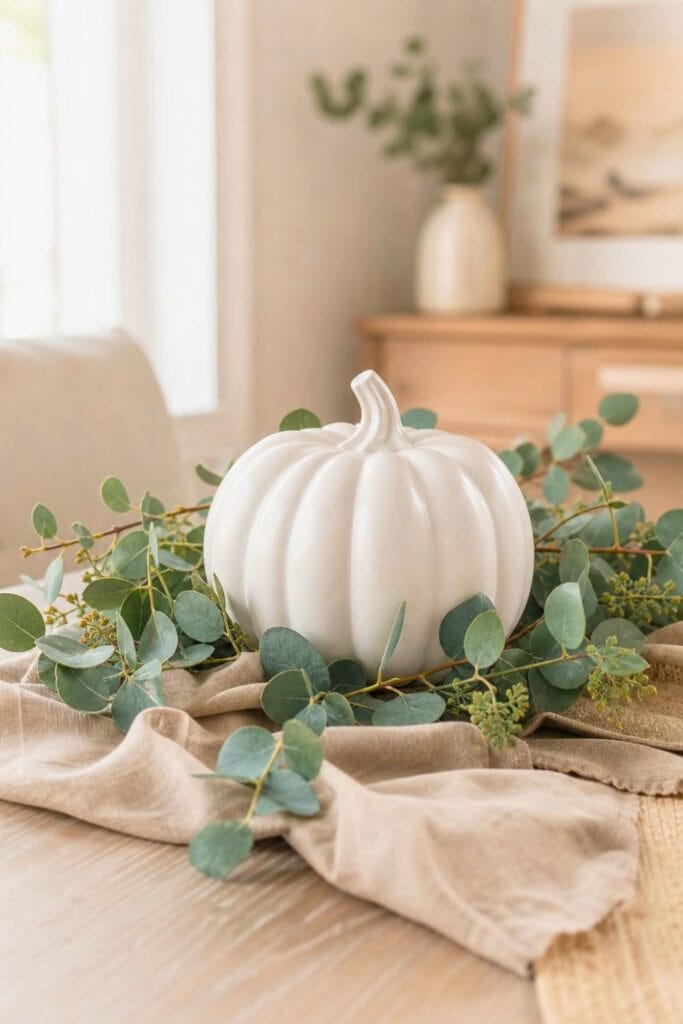 A white ceramic pumpkin surrounded by eucalyptus branches on a neutral tabletop.