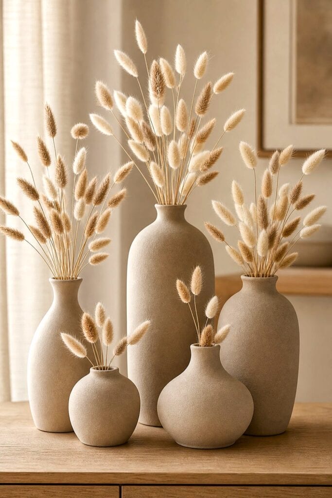 Matte beige ceramic vases filled with dried bunny tail grass on a neutral surface.