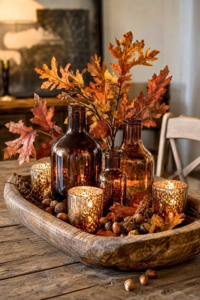 A wooden dough bowl centerpiece with glowing votive candles, amber bottles, and autumn oak branches.