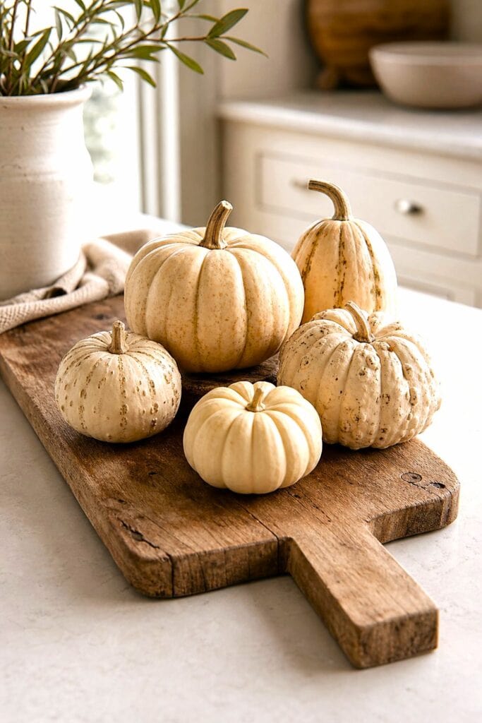 Small cream-colored gourds arranged on a wooden cutting board on a kitchen counter.