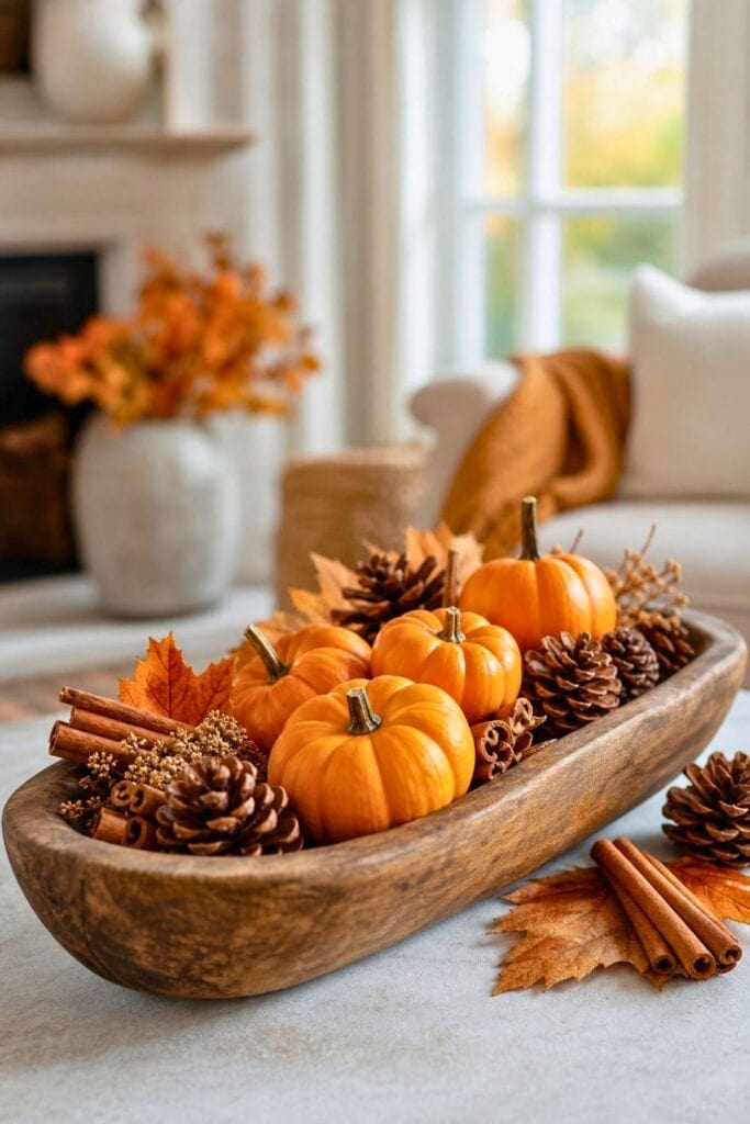 A wooden dough bowl filled with mini orange pumpkins, pinecones, and cinnamon sticks on a tabletop.