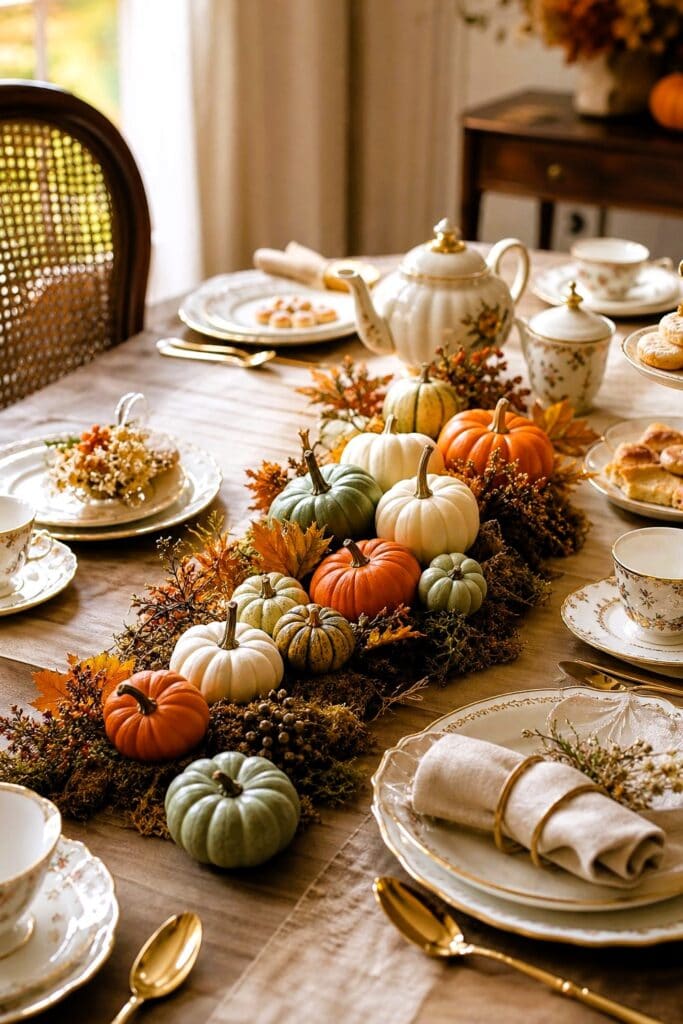 A fall tea party table decorated with miniature pumpkins, autumn leaves, teacups, and a teapot.