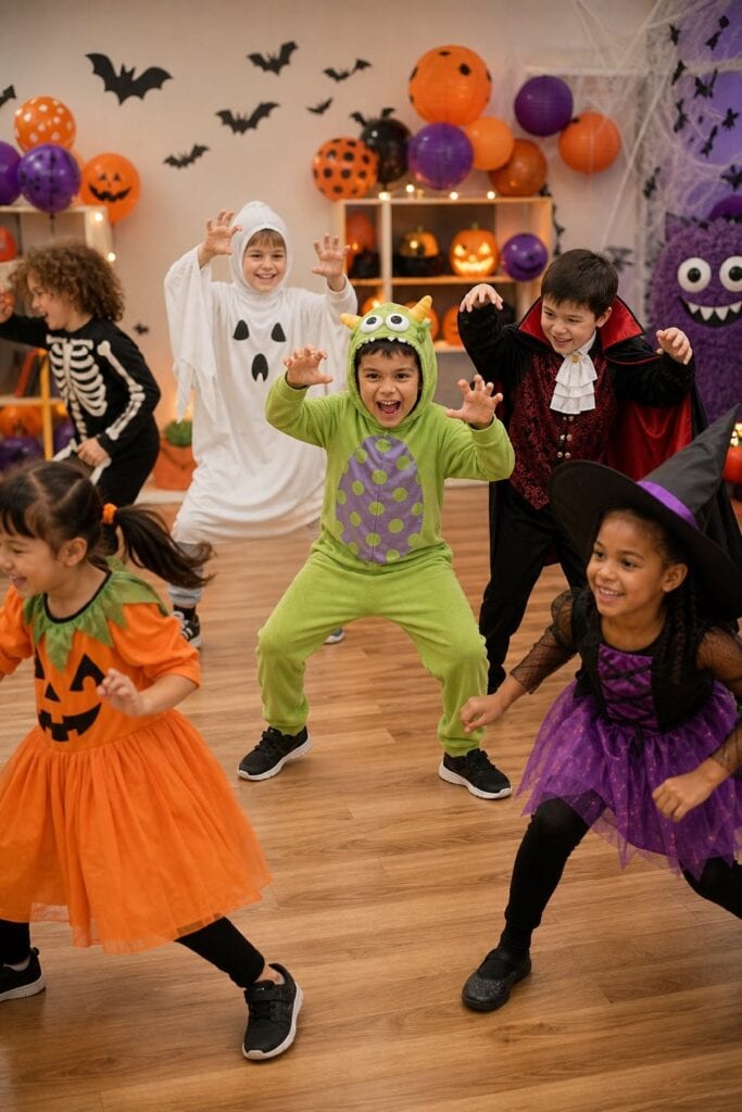 Children in Halloween costumes dance and pose like friendly monsters at a decorated indoor party.