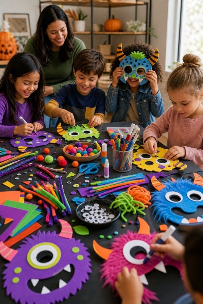 Children decorate colorful monster masks together at a Halloween craft table.