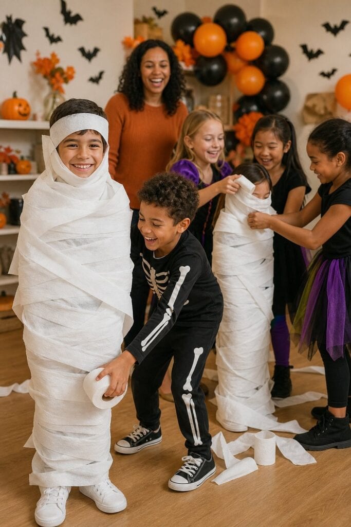 Children playfully wrap one another in paper during a supervised Halloween party relay race.