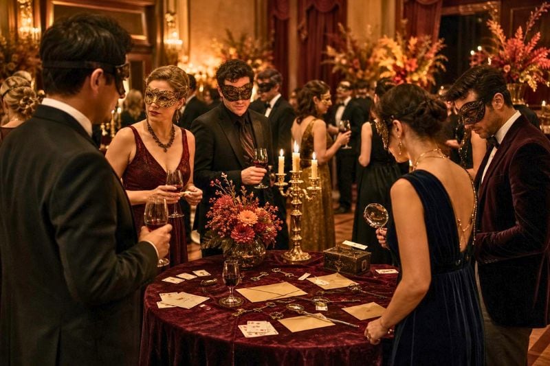 Guests in elegant masks gather around a decorated table during a mysterious autumn masquerade party.