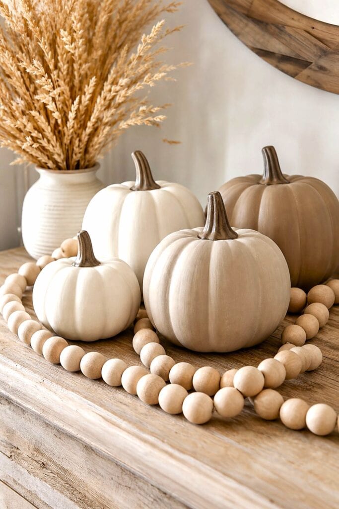 Ceramic pumpkins surrounded by a natural wood bead garland on a tabletop.