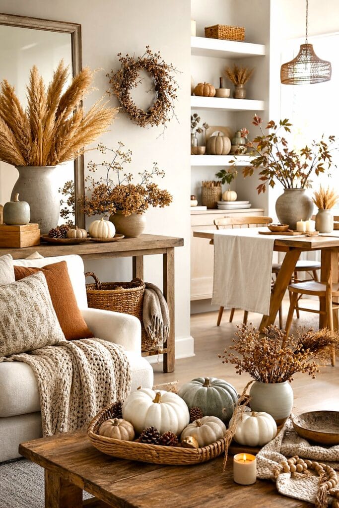 Neutral fall decorations arranged throughout a bright, cozy home interior.