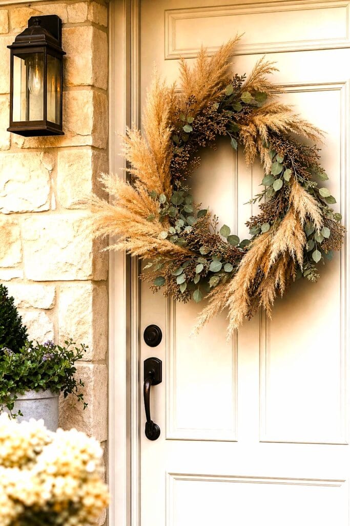 A neutral pampas grass and seeded eucalyptus wreath hangs on a light-colored front door.