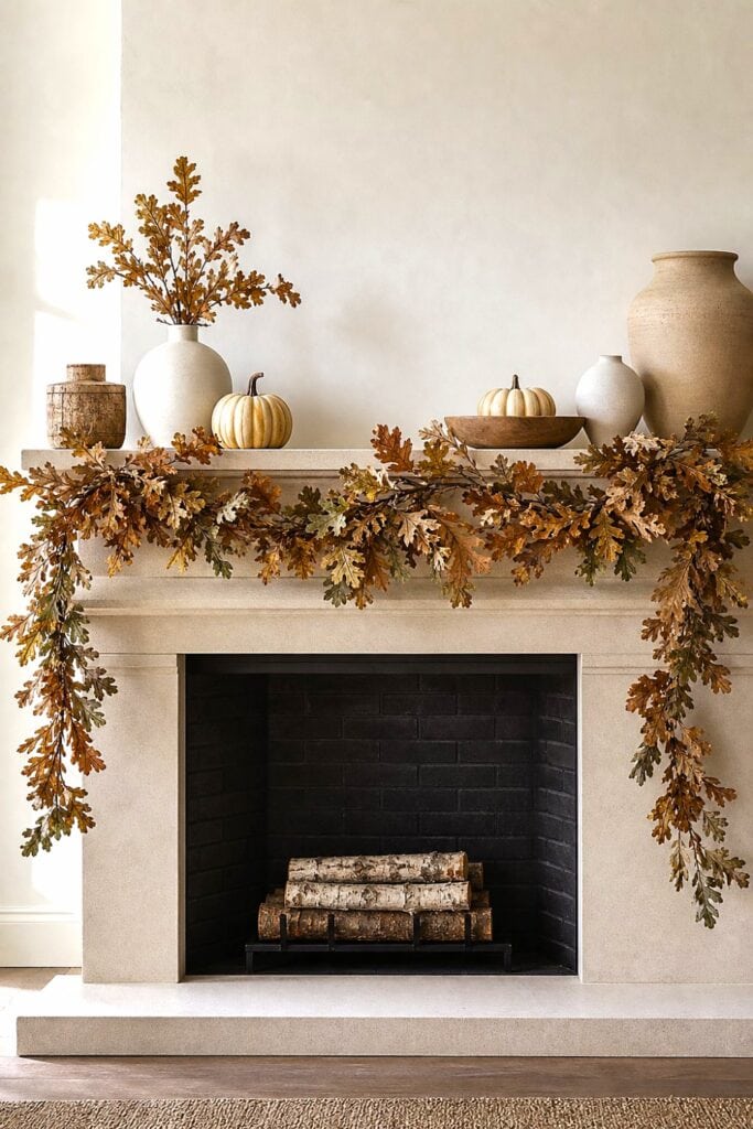 A neutral-toned fireplace mantel decorated with an oak leaf garland and small autumn accents.