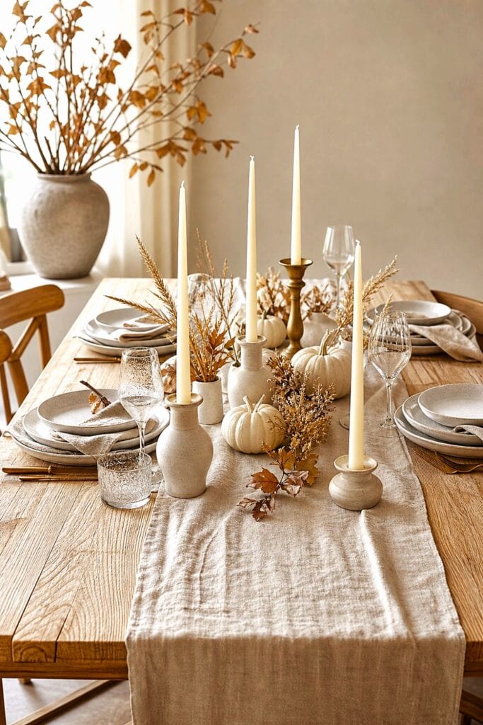 A neutral fall dining table with an oatmeal linen runner, ivory taper candles, and small cream pumpkins.