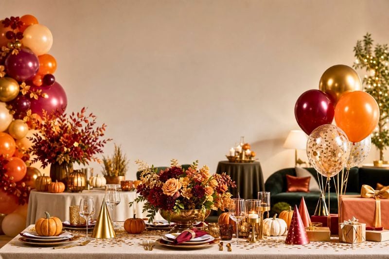 A festive October party table decorated with autumn colors, balloons, pumpkins, candles, gifts, and seasonal party accessories.