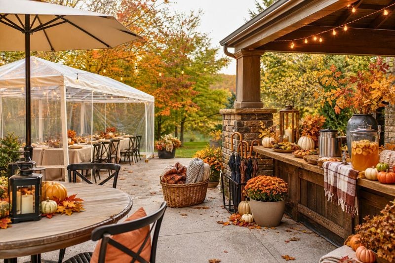 An autumn party setup with pumpkins, lanterns, blankets, and weather-ready decorations on a covered patio.