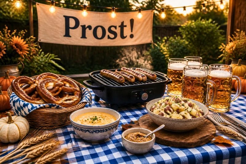 A table set up for a pretzels-and-beer festive outdoor garden party with a blue and white check tablecloth, a "Prost!" banner, and string lights overhead, foods like Brats on the grill, soft pretzels with beer cheese dip, beer steins, potato salad, and mustard in a small bowl. 
