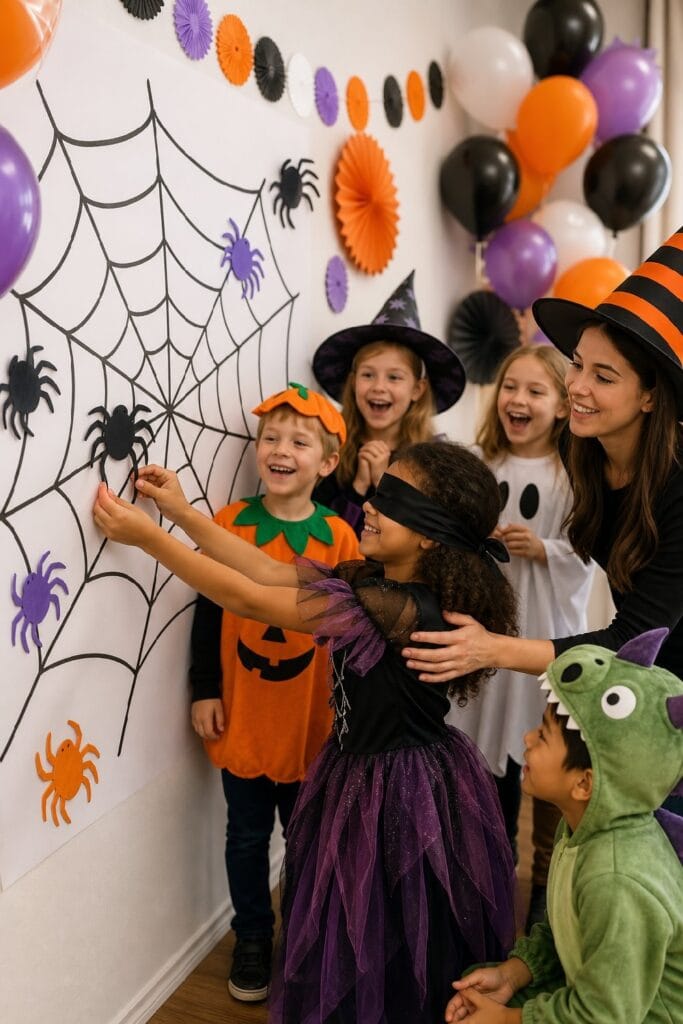 Children play a Halloween game by placing paper spiders on a large web while other children watch.