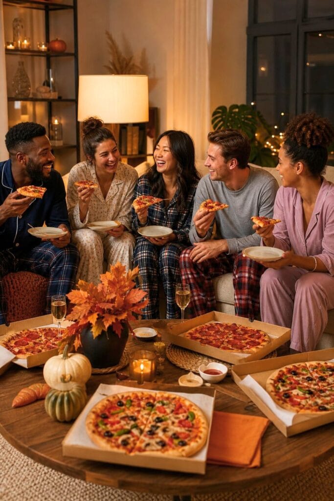 Friends in pajamas share pizza and laugh together during a cozy autumn gathering.