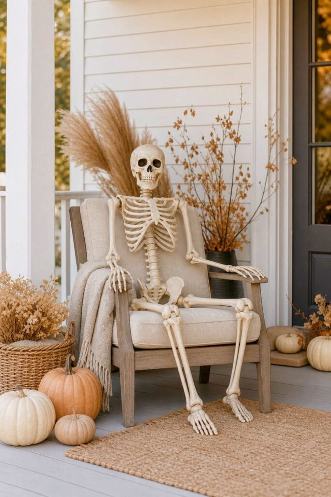 A life-size skeleton sits in a neutral porch chair surrounded by understated autumn decorations and pale pumpkins.