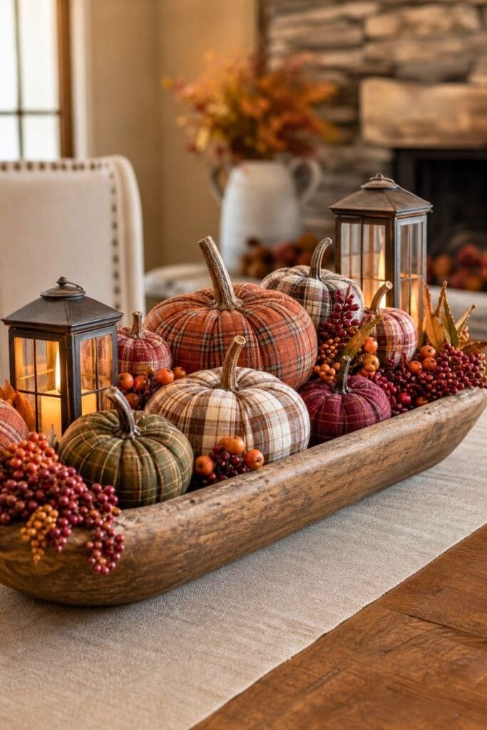 A wooden dough bowl filled with plaid fabric pumpkins, glowing lanterns, and clusters of autumn berries.