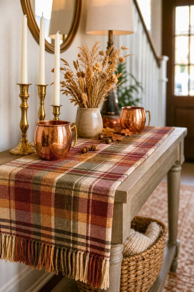 A fall-decorated entryway table with a plaid runner, brass candlesticks, copper mugs, and dried grasses.