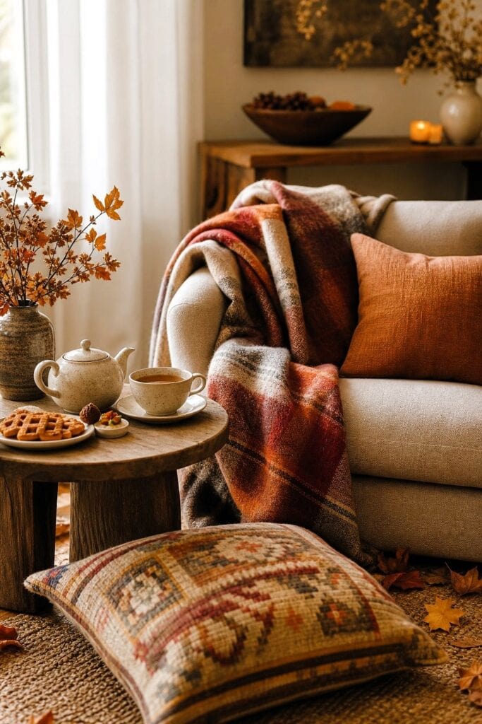 A cozy lounge with a plaid throw, floor cushion, and tea setting decorated in warm autumn colors.