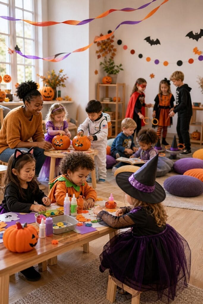 Children of different ages enjoy age-appropriate Halloween activities together at a friendly party.