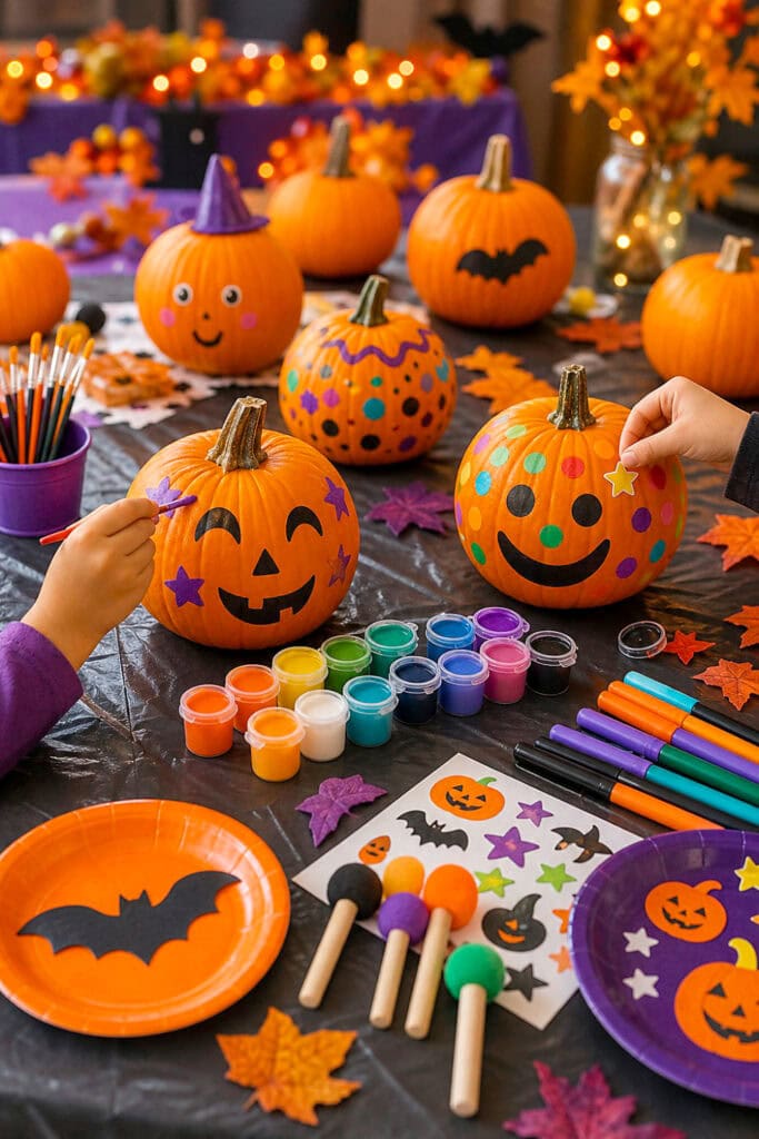 Children’s hands decorate pumpkins with paint and stickers at a Halloween craft station.
