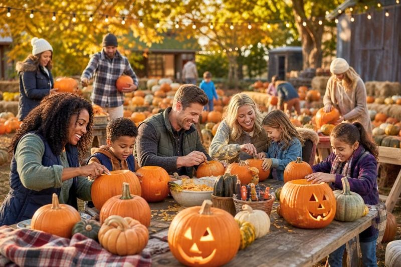 Families and friends carve pumpkins together at an autumn pumpkin patch party.