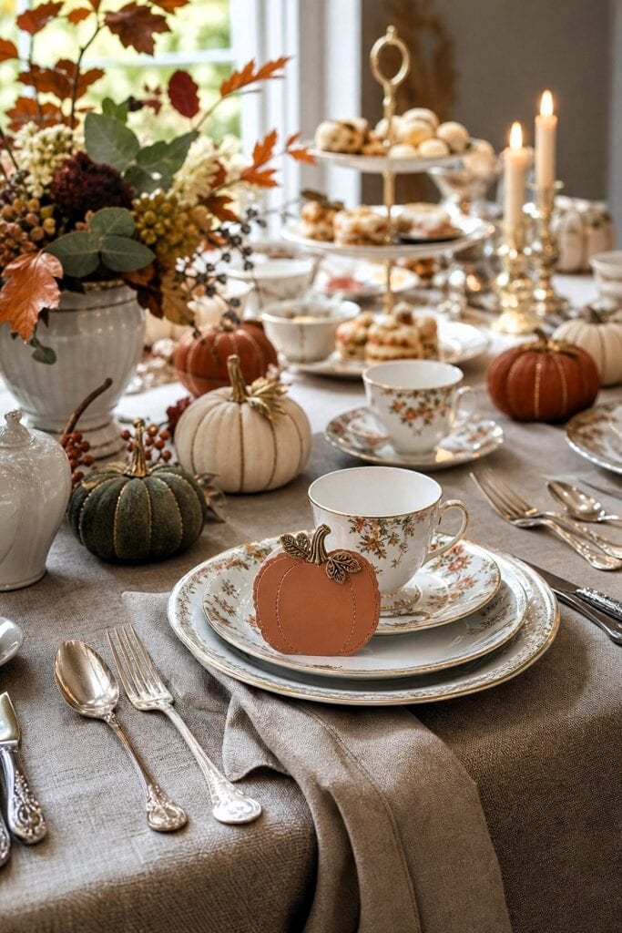 Pumpkin-shaped place cards arranged on an elegant autumn tea party table.