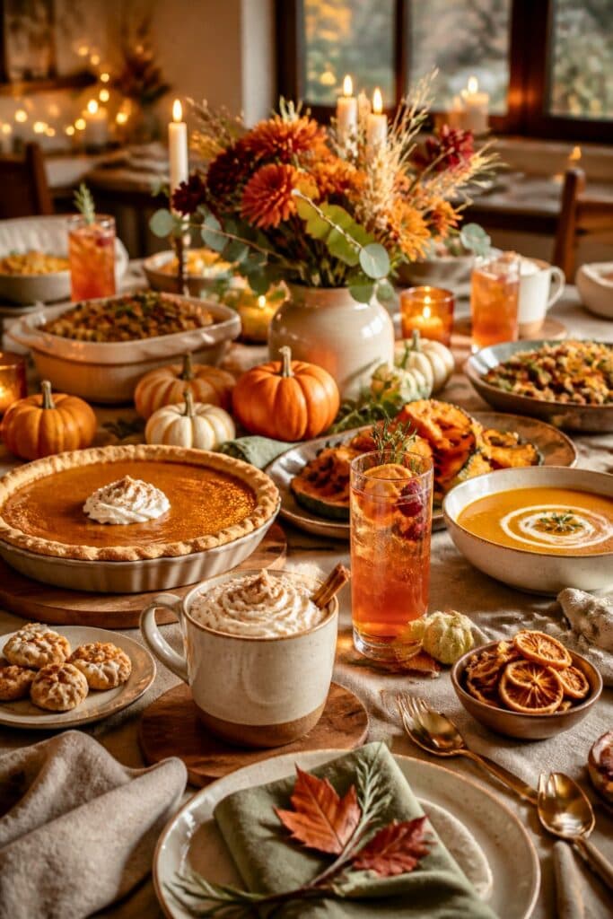 A table set up for a pumpkin spice-themed Friendsgiving party with lattes, mocktails, pies, cookies, and savory pumpkin dishes, and a few Autumn decorations and ambient lighting.