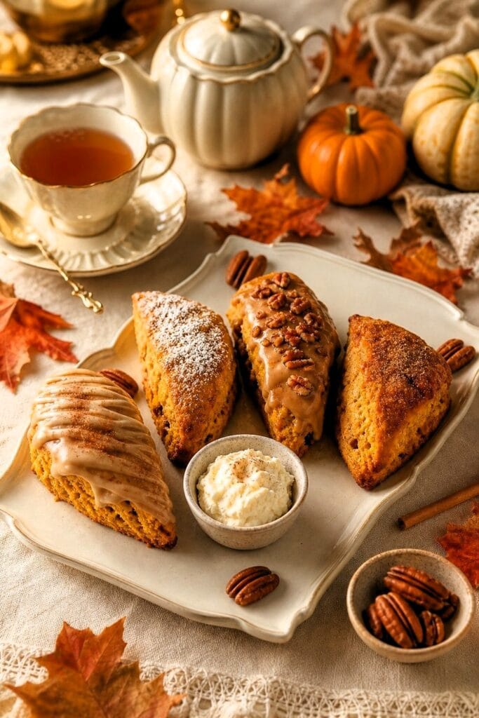 A tasting flight of pumpkin spice scones served with tea and autumn decorations.