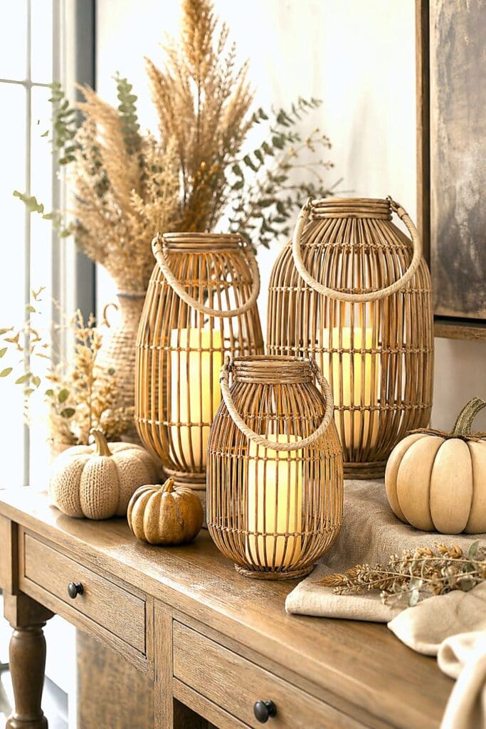 Woven rattan lanterns with glowing ivory candles arranged among neutral autumn decorations.