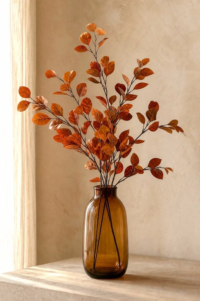 Rust-colored faux leaf branches arranged in a brown glass vase.