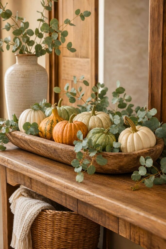 A rustic wooden tray holding colorful heirloom gourds and eucalyptus sits on an entryway table.