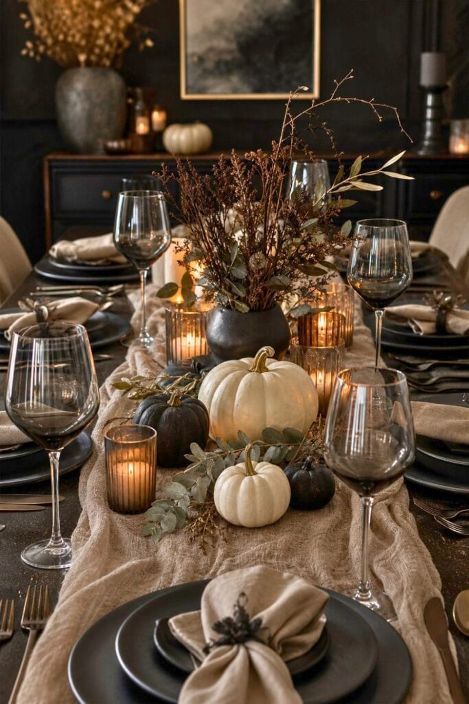 A moody dining table set with smoky glass goblets, neutral plates, candles, pumpkins, and dried branches.