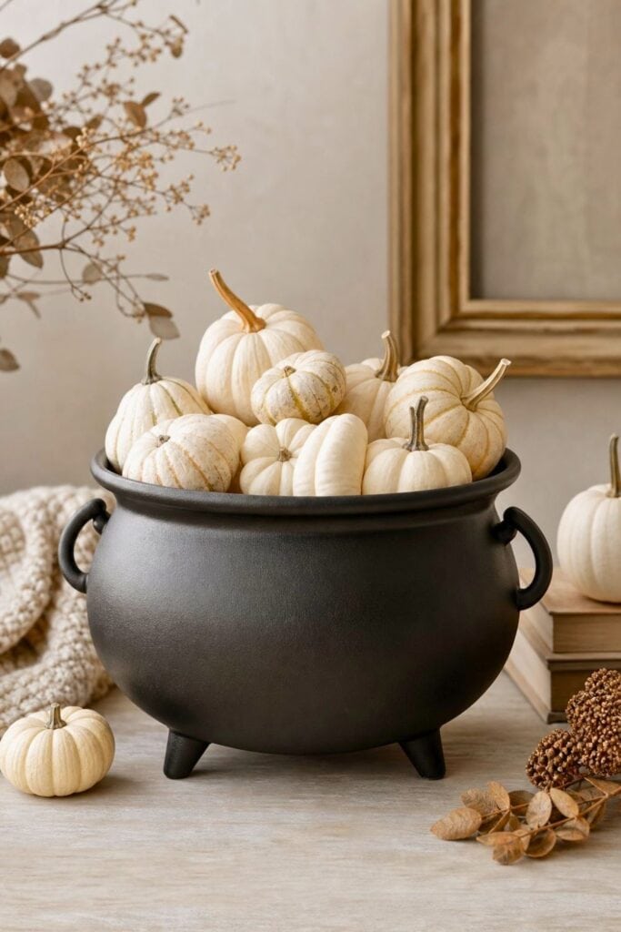 A matte black cauldron filled with cream-colored pumpkins on a neutral tabletop.