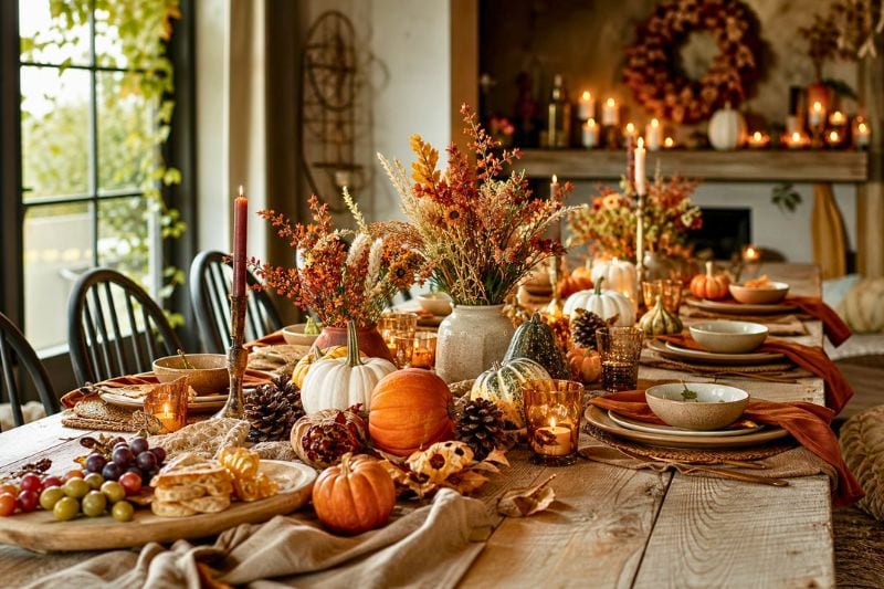 An autumn party table decorated with pumpkins, leaves, candles, and elegant tableware.