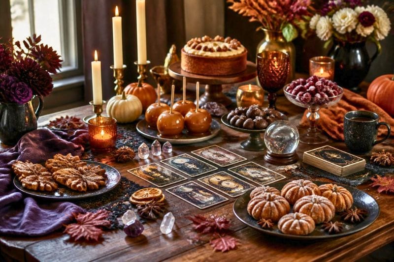 A table set up for a cozy Witches’ Night In party with candles, seasonal treats, tarot cards, and a crystal ball. 