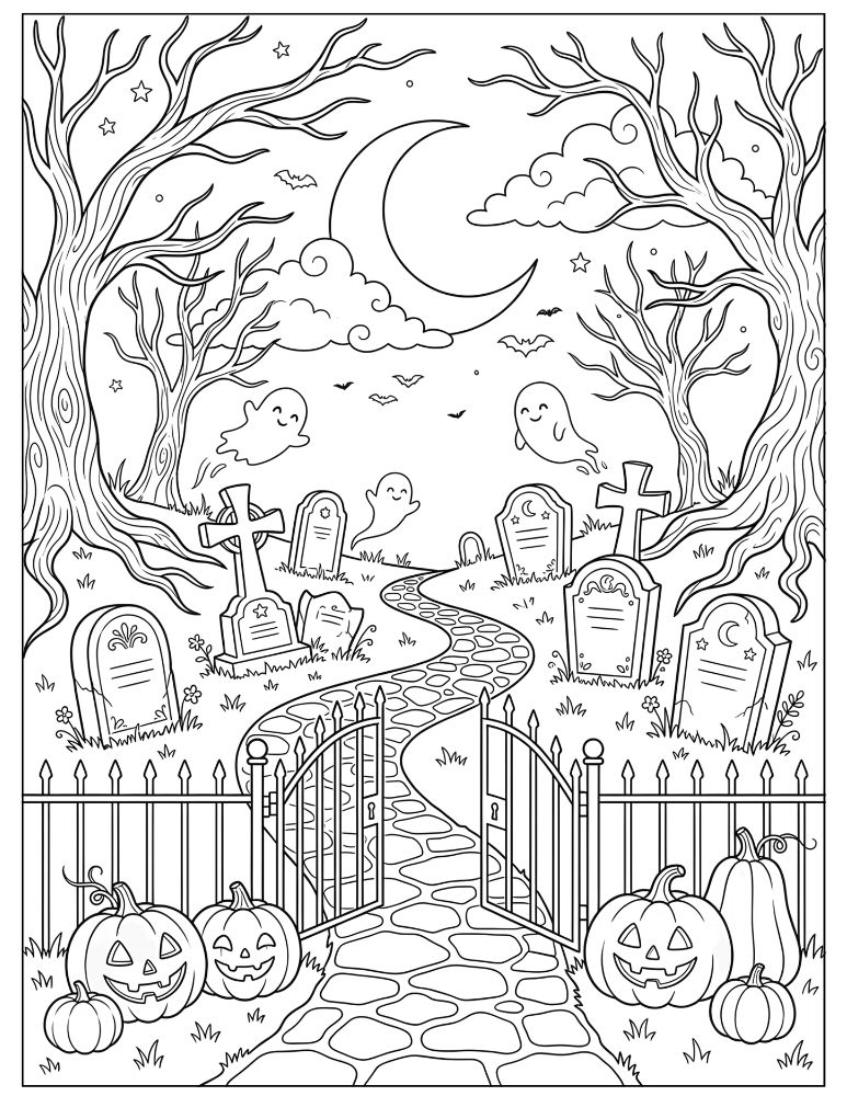 Spooky Halloween cemetery with crooked tombstones, twisted bare trees, an iron gate, winding path, floating ghosts, bats, clouds, and a crescent moon, black and white coloring page.