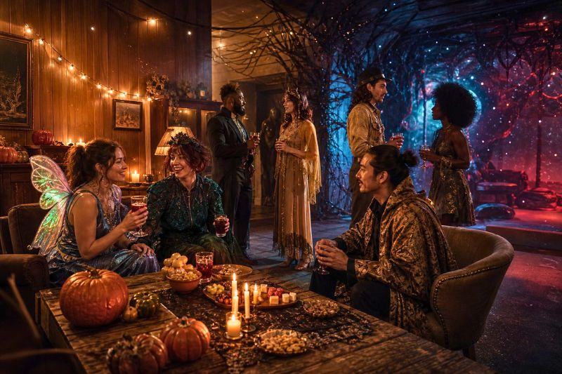 Guests in supernatural costumes gather at an eerie autumn party with pumpkins, candles, and blue and red atmospheric lighting.