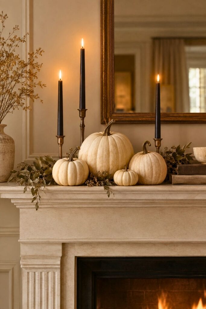 Cream pumpkins and black taper candles arranged on a decorated fireplace mantel.