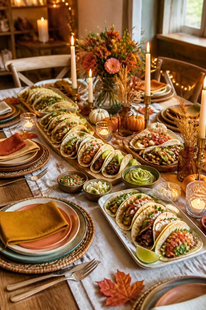 A table set up for a taco dinner-themed Friendsgiving party with candles, a few Autumn decorations and ambient lighting.
