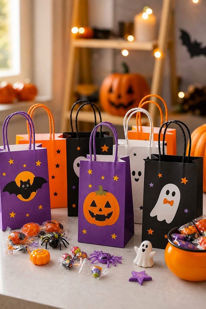 Colorful Halloween favor bags filled with treats arranged on a festive party table.