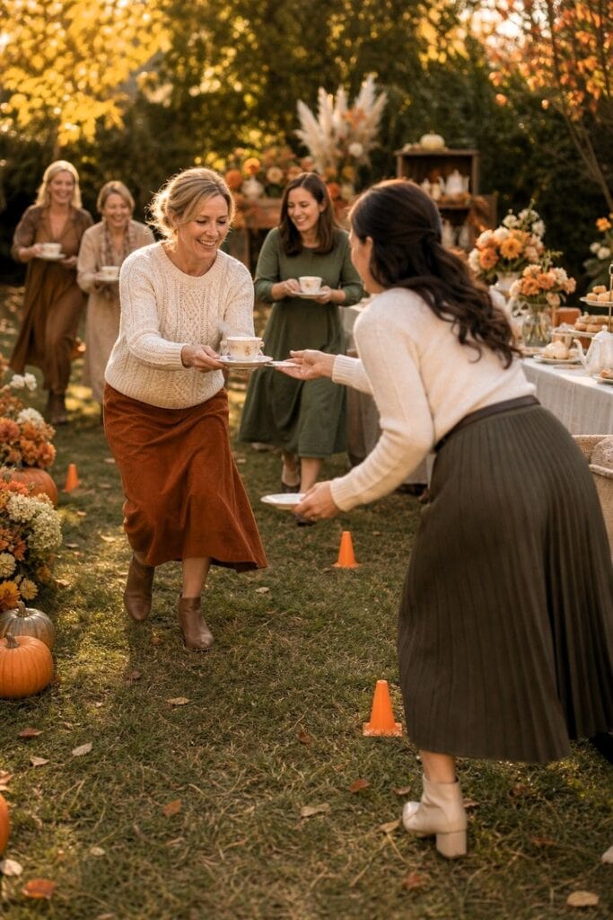 Guests carry teacups and saucers during a relay race at an autumn tea party.