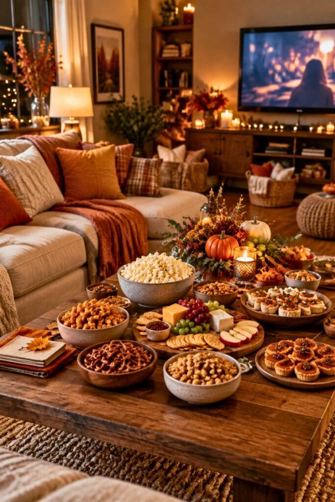Cozy living room for a Friendsgiving movie night with snacks, autumn decorations, and ambient lighting. 