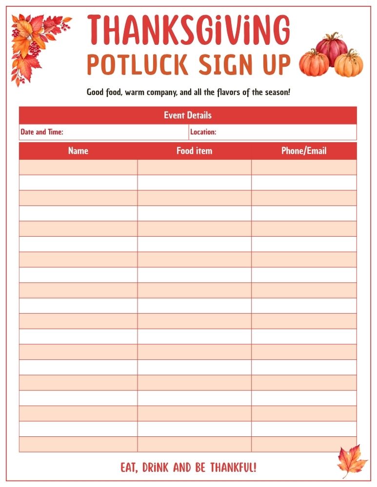 Thanksgiving Potluck Sign Up Sheet 1