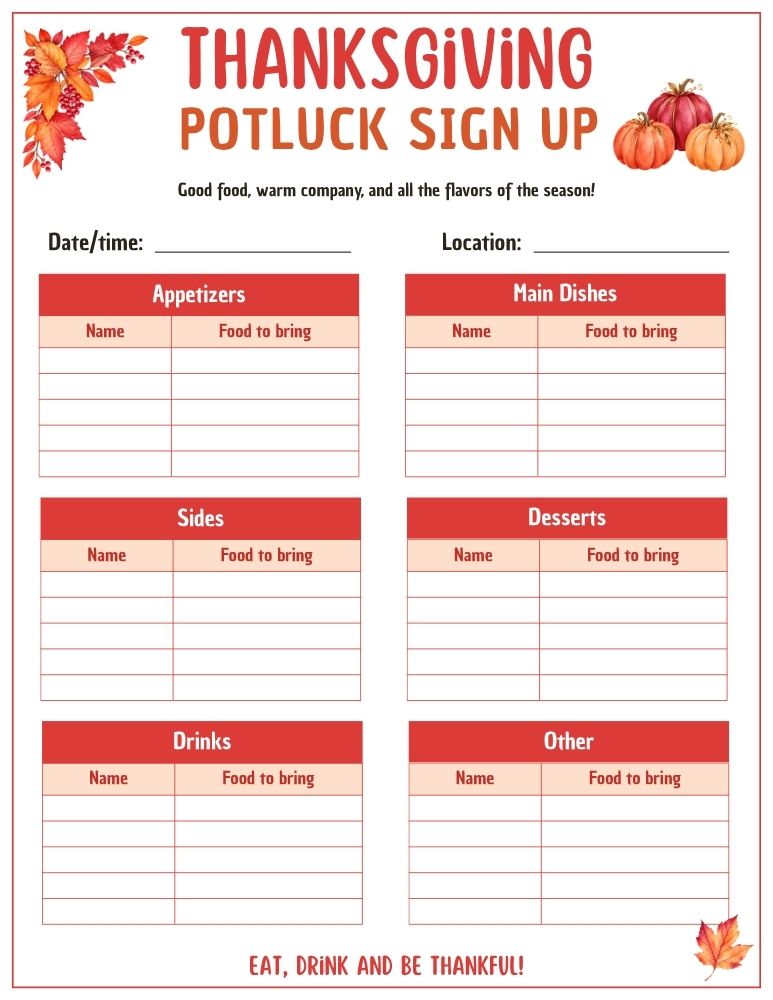 Thanksgiving Potluck Sign Up Sheet 2