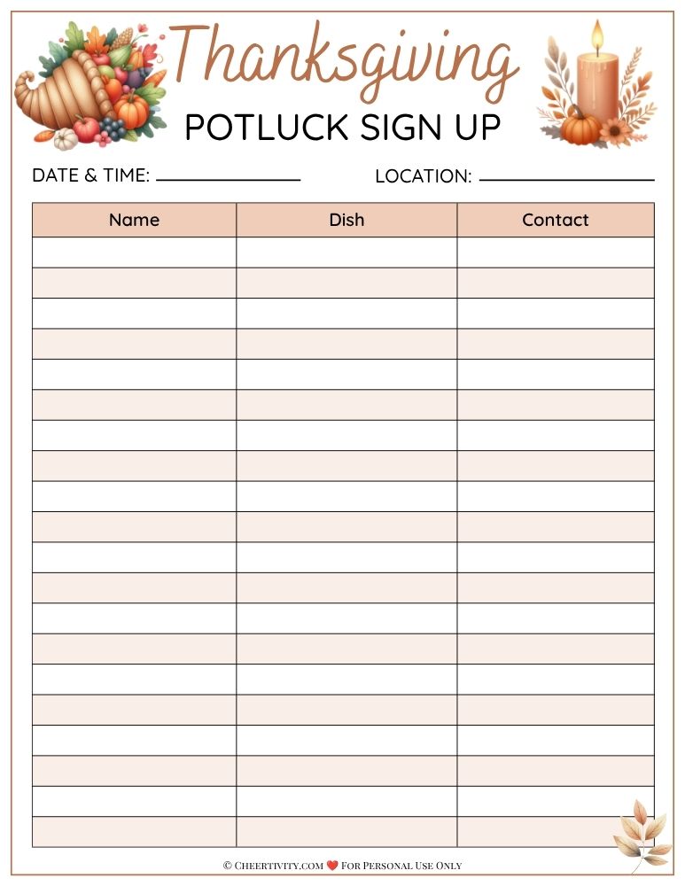 Thanksgiving Potluck Sign Up Sheet 3