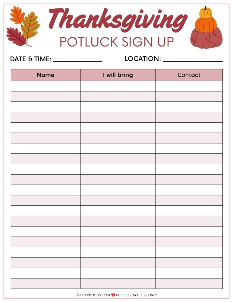 Thanksgiving Potluck Sign Up Sheet 4