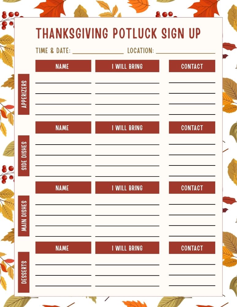 Thanksgiving Potluck Sign Up Sheet 5